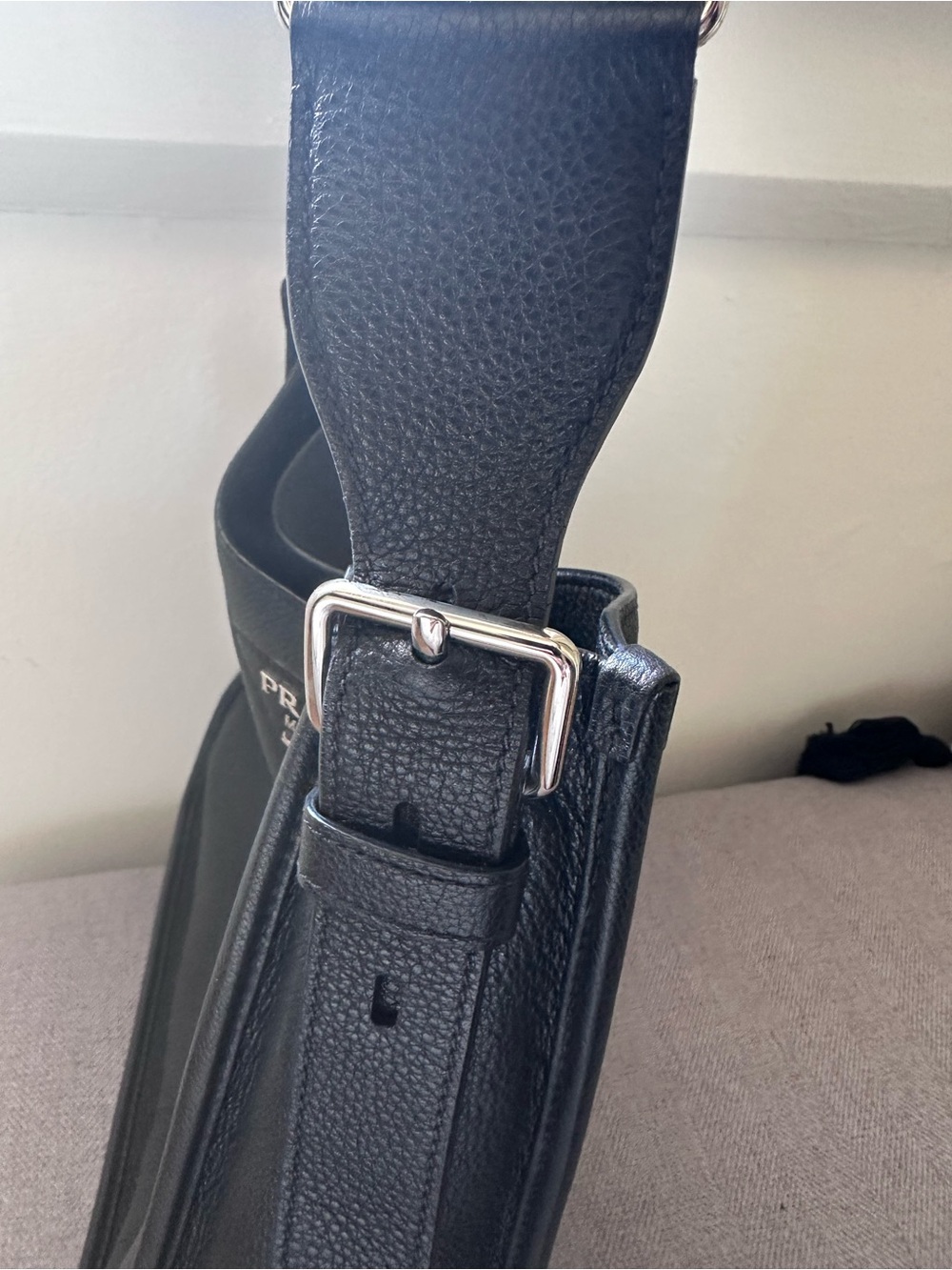Prada Black Pebbled Leather Bag with Striped Strap - Picture 6 of 7